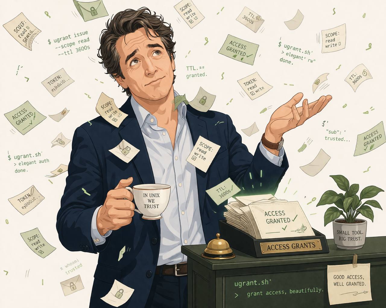 A comedic, Hugh Grant-inspired illustration handing out access grants.